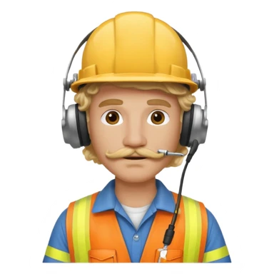 construction worker with blond long curly hair and protective headphones and mustache sticker