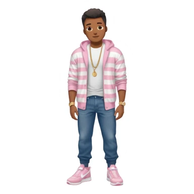 Handsome Black guy with brown skin tone, with muscular build, wearing long baggy dark denim jeans, a white t-shirt, pink and gray striped fuzzy cardigan, white Nike sneakers, a gold watch, and a dainty chain sticker