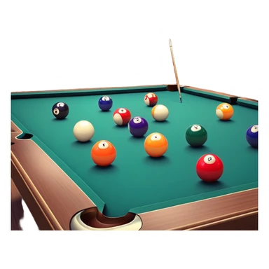 A well-arranged pool table with colorful billiard balls neatly placed, and a cue stick poised to take a shot. The setting is a dimly lit room with a focused atmosphere, highlighting the precision and strategy involved in the game of billiards. sticker