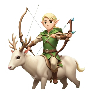 clash-of-clans-aesthetic-blond-male elf-archer-portrait-emoji, rendered in a flat, vector-style with minimal shading and bold holding his bow, simplified shapes, head tilted slightly forward with a determined, focused expression, riding a majestic white stag whose antlers glow with mystical energy, set against an ancient, enchanted forest backdrop. sticker