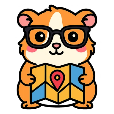 Make the guinea pig match the original reference: same face and glasses style, but holding a map for a maps/navigation app, in a cute, outlined, colorful style. sticker
