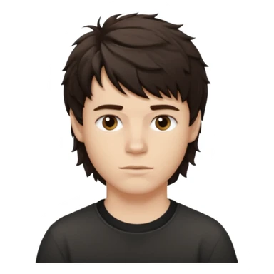 À emoji that don’t smile Dark brown thick hair, medium-length textured top with loose natural waves, short tapered sides, soft messy fringe, natural volume(No long hair it like a side part with a lot of wave and texture ) the guy is white and it’s a boy sticker
