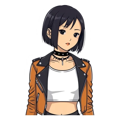 A asian girl with Black eyes and black straight hair with a bob with a black spiked chocker with white tank top with a leather jacket on sticker