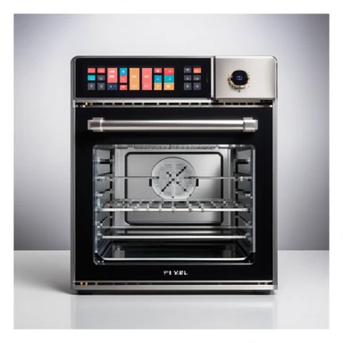 Ein mechanischer Bäcker mit Edelstahlkörper, eingebautem Rührarm, LED-Anzeigen und Touchscreen-Ofen. Die UI ist aus gebürstetem Metall, mit Schrauben, Schaltern und digitalen Displays im Retro-Stil. sticker