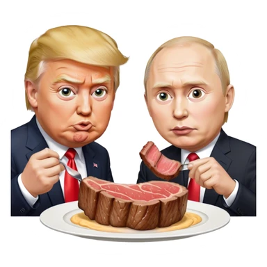 photorealistic Donald Trump and Putin eating a steak shaped like an piece of land sticker