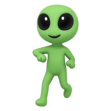 Create a neon green alien dancing, almost identical to the reference image, with minimal changes in the positions of arms and legs, looking straight ahead. This is frame 6 of an animation. PNG format with transparent background. sticker