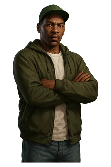 CJ from GTA San Andreas in GTA5 style, crossing arms, urban streetwear, realistic, no background sticker