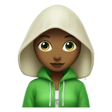 Green eyes girl in hood under palm tree and engagement ring sticker