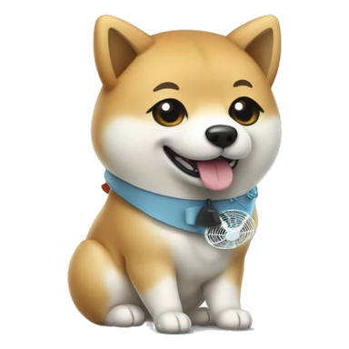 a cute shiba inu holds a miniature electric fan. sticker