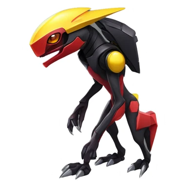 a shiny black-red-yellow Genesect-Raptor-Fakémon—hybrid with a futuristic visor-helmet full body sticker