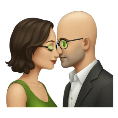 dark brown haired woman without glasses and green eyes kissing bald man with glasses sticker