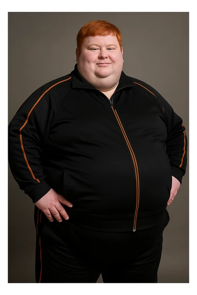 Extremely fat man with orange hair wearing black tracksuit with orange lines sticker