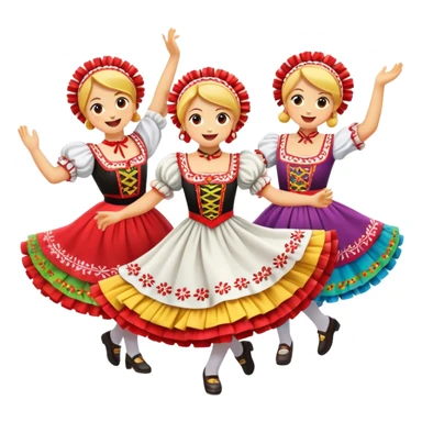Cinematic Realistic Mazurka Dance Emoji, depicted as a lively traditional Polish folk dance scene with colorful costumes and spirited movement, rendered with dynamic textures and vibrant festive lighting that captures its rhythmic energy. sticker
