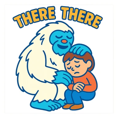 abominable snowman comforting a child, with the words 'there there', vibrant toon style, suitable for YouTube sticker