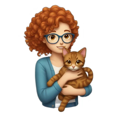 a pretty girl with curly copper hair and blue glasses hugging a cat sticker