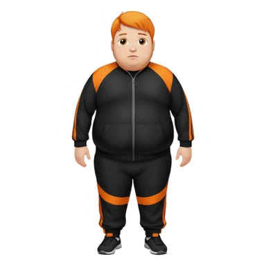 Extremely fat man with orange hair wearing black tracksuit with orange lines sticker