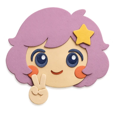 Remove the yellow moon from the hair. Remove the body, keeping only the head and the peace sign hand gesture. Preserve all other features and colors exactly as in the reference image, including the yellow star in the hair, hair color, eye color, blush, and paper craft style. Clean lines, transparent background. sticker