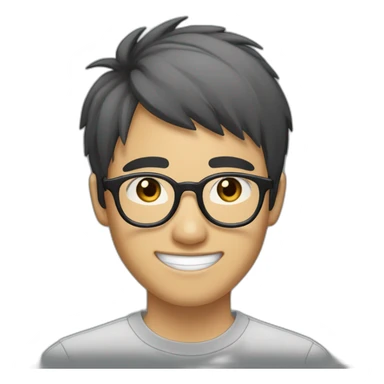 A 20-year-old Asian male wearing transparent gray-framed glasses, with fair skin, black choppy bangs nearing his eyebrows, large eyes, an oval-shaped face, smiling with teeth showing sticker