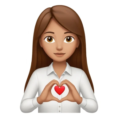 Mujer trigueña cabello largo lacio castaño haciendo un corazon con sus manos y tenga una camisa blanca sticker