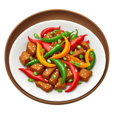 Hunan spicy stir-fried pork with colorful peppers, simplified emoji style with bold outlines and bright colors, cartoon style Chinese spicy dish sticker