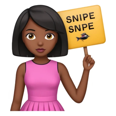 Dark skin woman with black bob in hair holding sign that says snipe  wearing pink dress  sticker