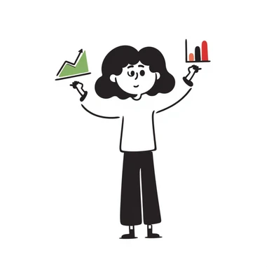 Girl holding chart with rising green graph line in right hand and holding another chart with falling red graph line in left hand sticker