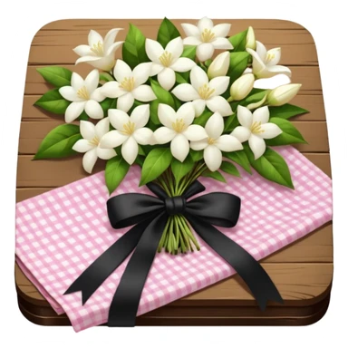 A lush bouquet of white color Jasmin black satin ribbon, resting on an antique wooden table, with a pale yellow and pink plaid pattern table cloth sticker