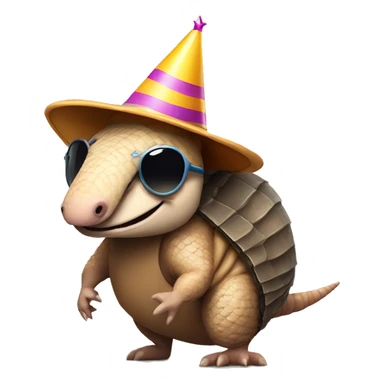 Armadillo with a birthday hat and sunglasses and creepy smile sticker