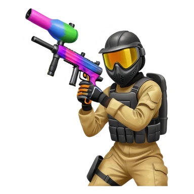 A dynamic scene of a player in action, holding a paintball gun and wearing protective gear. The background shows a vibrant paintball field with obstacles, colorful splatters of paint in the air, and an intense, competitive atmosphere. sticker