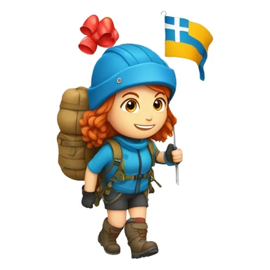 Female winter mountain climber red hair climbing, Greek flag on backpack and holding Easter eggs basket sticker
