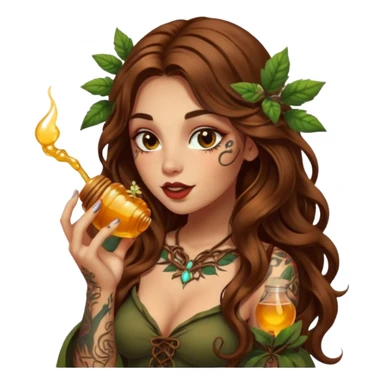 woman with long wavy brown hair, tattoos, forest mystic outfit, licking glowing honey from fingertip, flirty eyes sticker