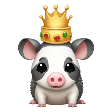 Black and white piebald chubby round armadillo pig panda centipede armadillo wearing a crown sticker