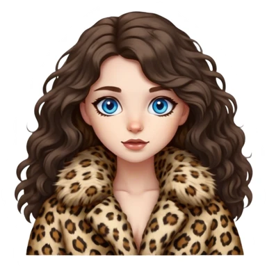 Brunette girl blue eyes with long wavy hair in fluffy leopard fur coat  sticker