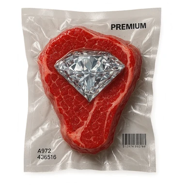 meat steak with sparkling diamond facets, glossy and puffy, vacuum-sealed style sticker
