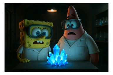 3D cienmatic cartoon shot, spongebob and patric dress in safety glasses and safe white outfit, the are standing front of table with blue crystals on table glowing (light source) science room in basement, back light, Cinema 4d render, proffesional lightning sticker