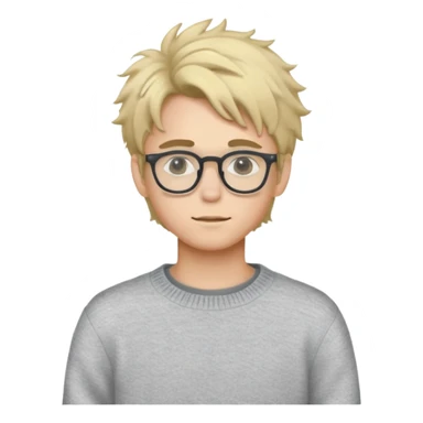 Twink with blonde messy hair and glasses, white skin and a grey sweater sticker