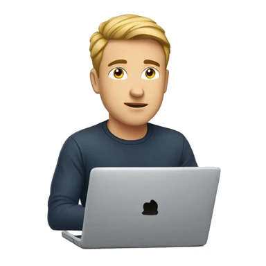 A white young man is sitting at a laptop in a T-shirt sticker