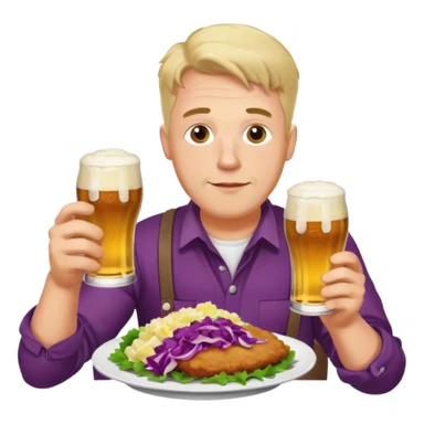 German man eating schnitzel, potato salad, red cabbage, sauerkraut, and beer sticker