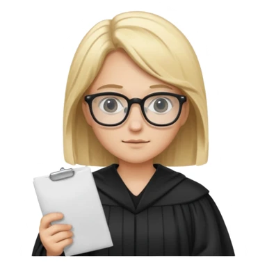 Young judge, blonde hair with glasses and robe, hold a paper sticker