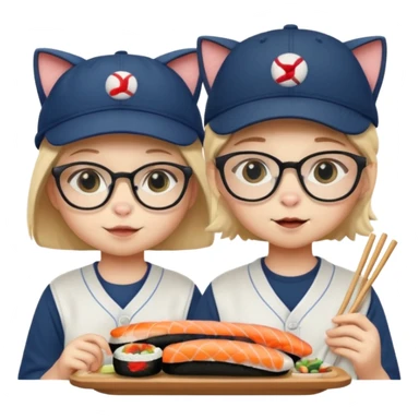 cute girl cat wearing glasses and a cute boy cat wearing a baseball cap eating sushi together sticker