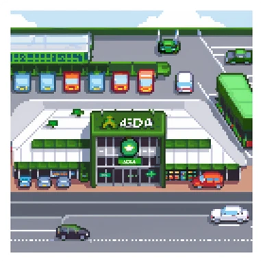 Isometric view of an ASDA supermarket building with green signage, large glass entrance, shopping trolleys bay, and car park with British cars sticker