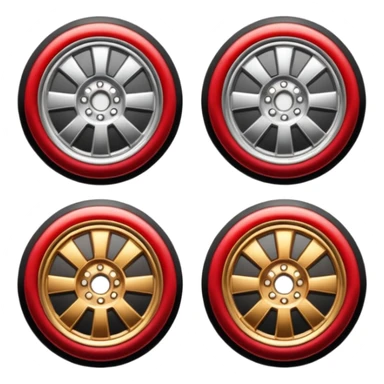 Emoji-style car membership badges: silver wheel, bronze exhaust, red rims, black spoiler, gold wheel — in progression." sticker