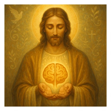 Christ Guardian of Mind, benevolent figure with soft golden glow, hands gently cradling stylized brain or mind symbol, surrounded by peaceful energy and spiritual motifs sticker