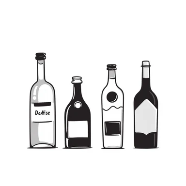 Four bottles of alcohol, each with distinct shapes and labels, arranged neatly in a row. The bottles should vary in color and size, with detailed labels and caps. sticker