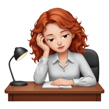 Pretty model, brown eyes, soft red wavy hair, falling asleep at desk sticker