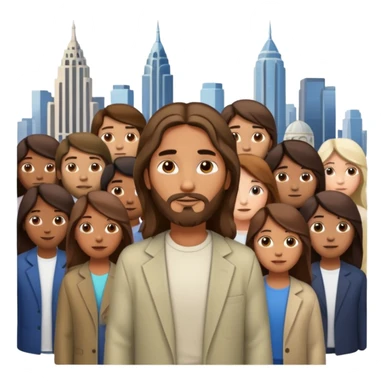 Jesus standing in a modern cityscape with a diverse group of people of different ages, ethnicities, and abilities sticker