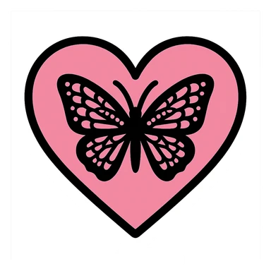 gothic heart with a black lace butterfly, color icon filled style, pink and black sticker
