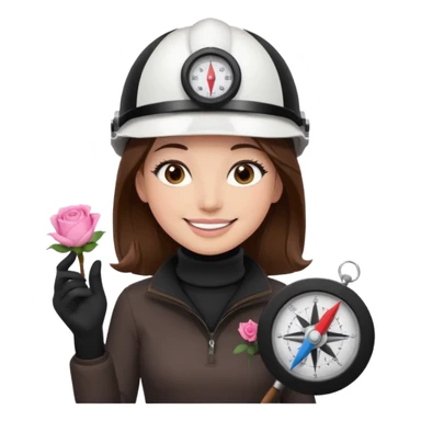 Arquitecta ojos marrones oscuros pestañas pelo marron por los hombros sonrie casco blanco jersey de cuello alto negro compás pars dibujar circulos y rosa sticker