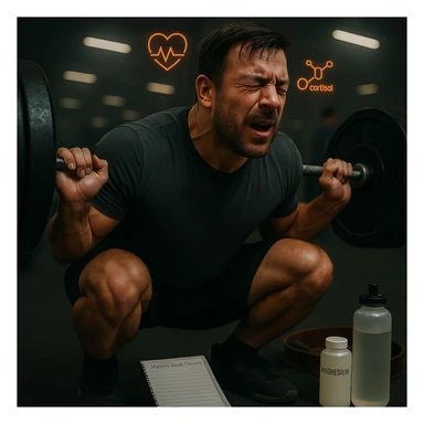 Add floating icons above the subject's head indicating high RPE and slightly elevated cortisol levels, maintaining the cinematic style and original color palette. sticker