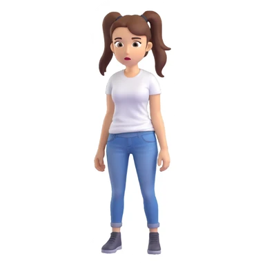 small 3D woman with ponytail, white t-shirt and jeans, looking confused sticker